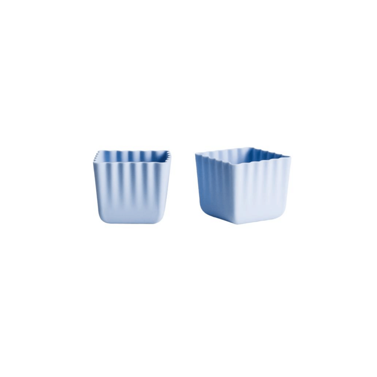 Two small square ribbed plastic cups in light blue, shown side by side on a plain white background.