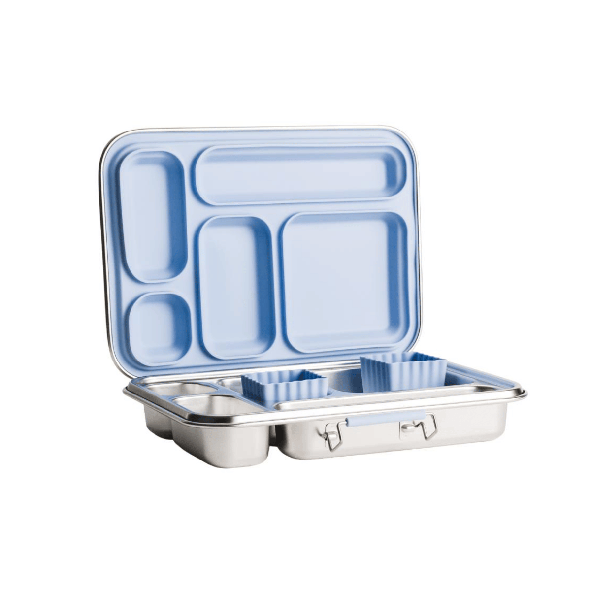A stainless steel lunch box with a light blue interior tray layout, shown open against a plain white background.