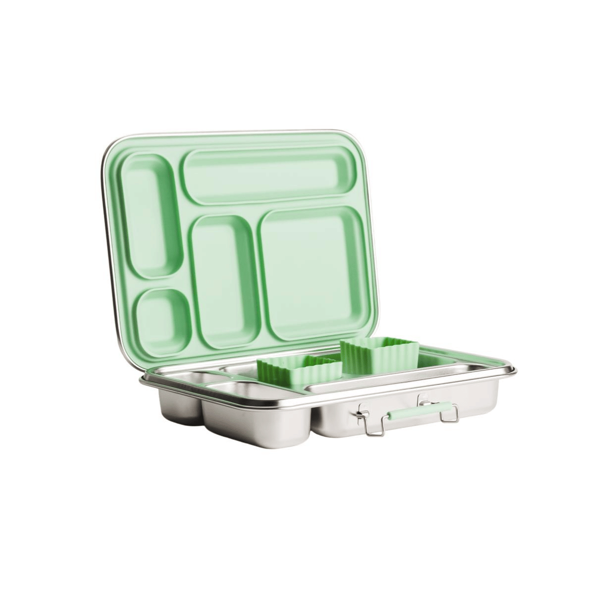 A stainless steel lunch box with a mint green lid and compartments, shown open on a plain white background.