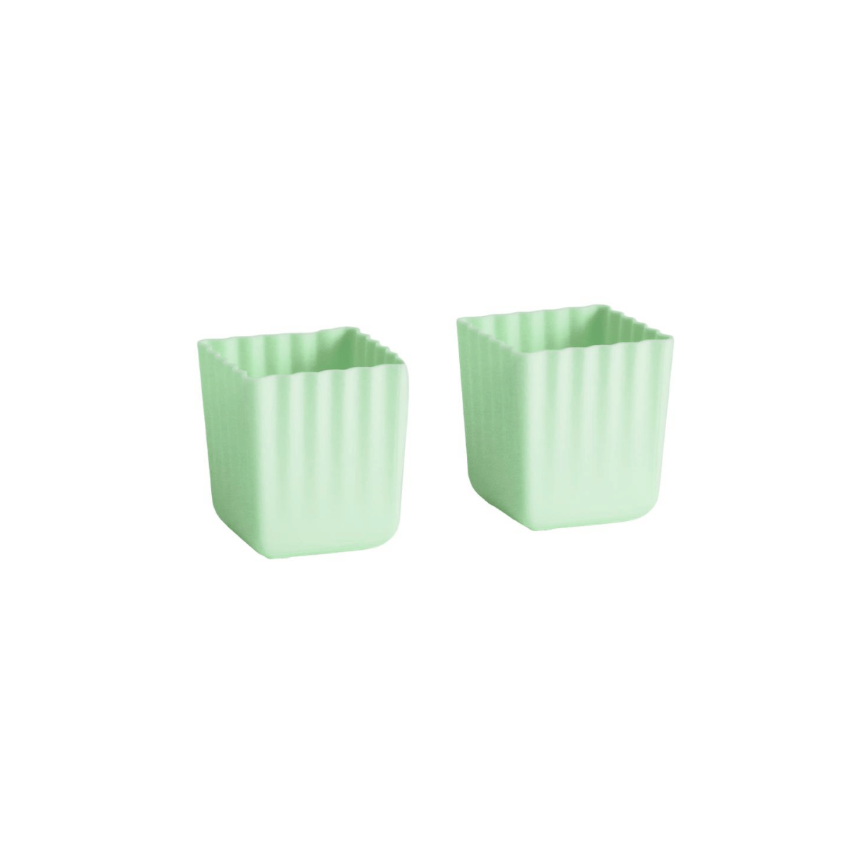 Two small mint green square containers with vertical fluted sides, shown on a plain white background.