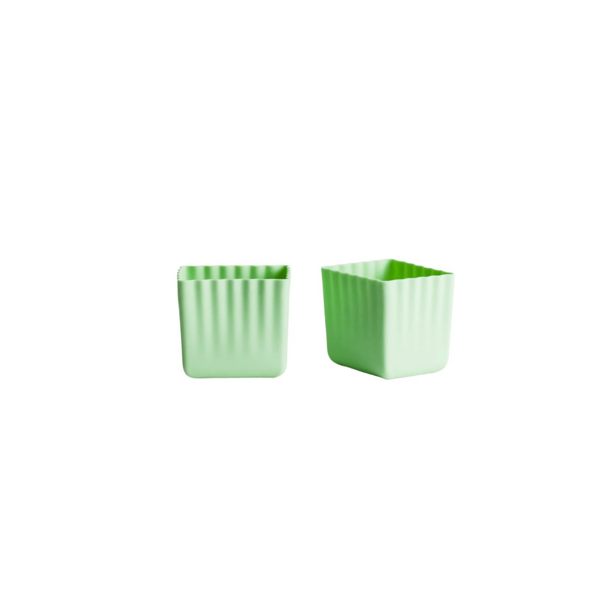 Two small square planters with a ribbed texture in light green, shown side by side on a plain white background.