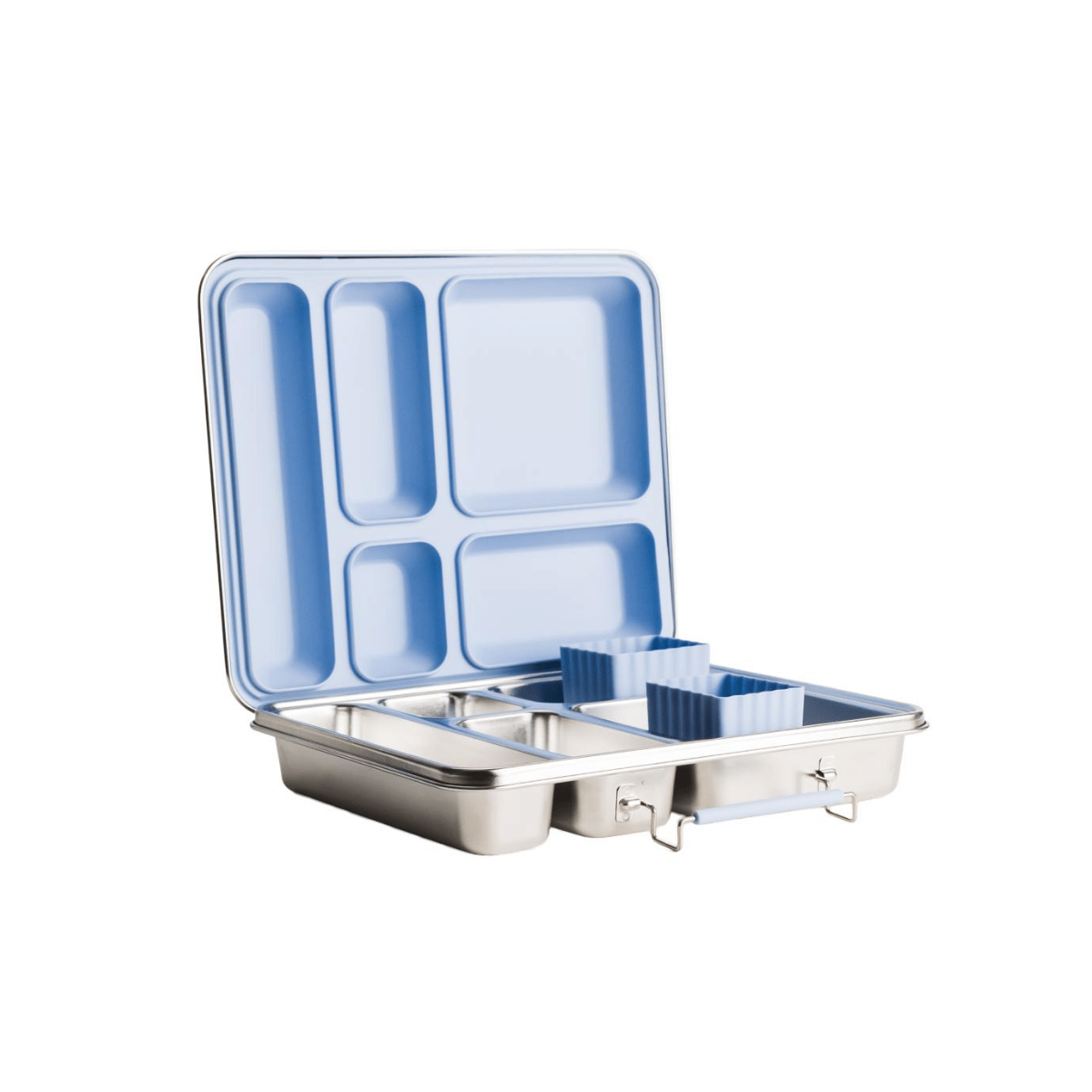 A stainless steel lunch tray with a light blue plastic lid and matching blue divider insert, shown open on a plain white background.