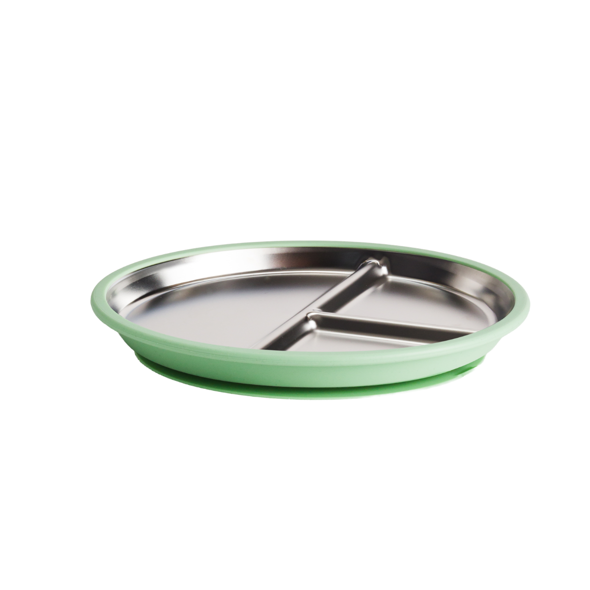 A round divided baby plate with a stainless steel interior and a light green silicone outer rim and suction base, shown on a plain white background.