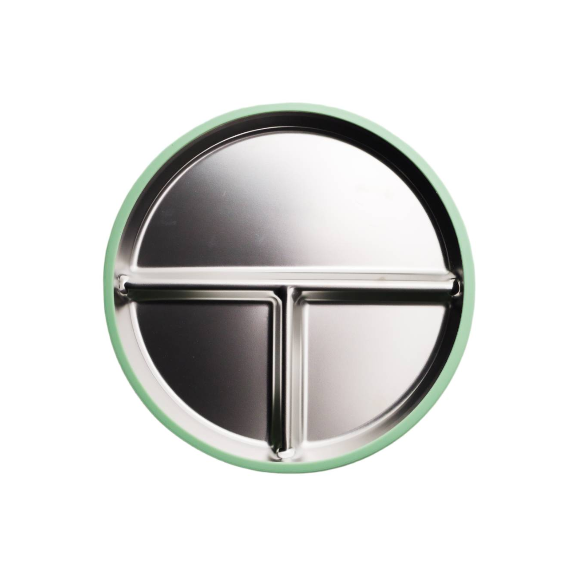 A round stainless steel divided plate with three compartments and a mint green outer rim, shown from a top-down view on a white background.