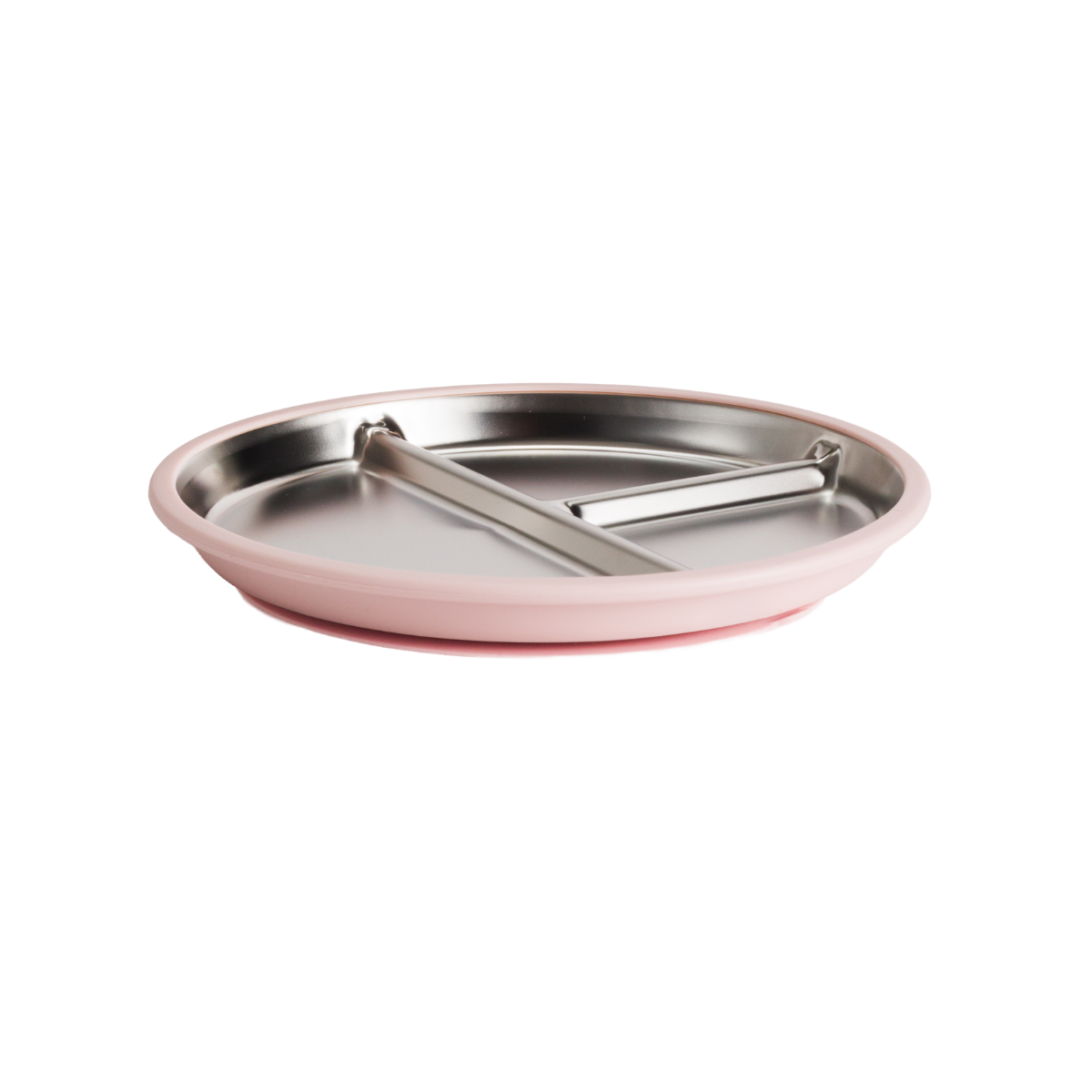A round pink silicone baby feeding tray with a stainless steel interior and a metal clip, shown on a plain white background.