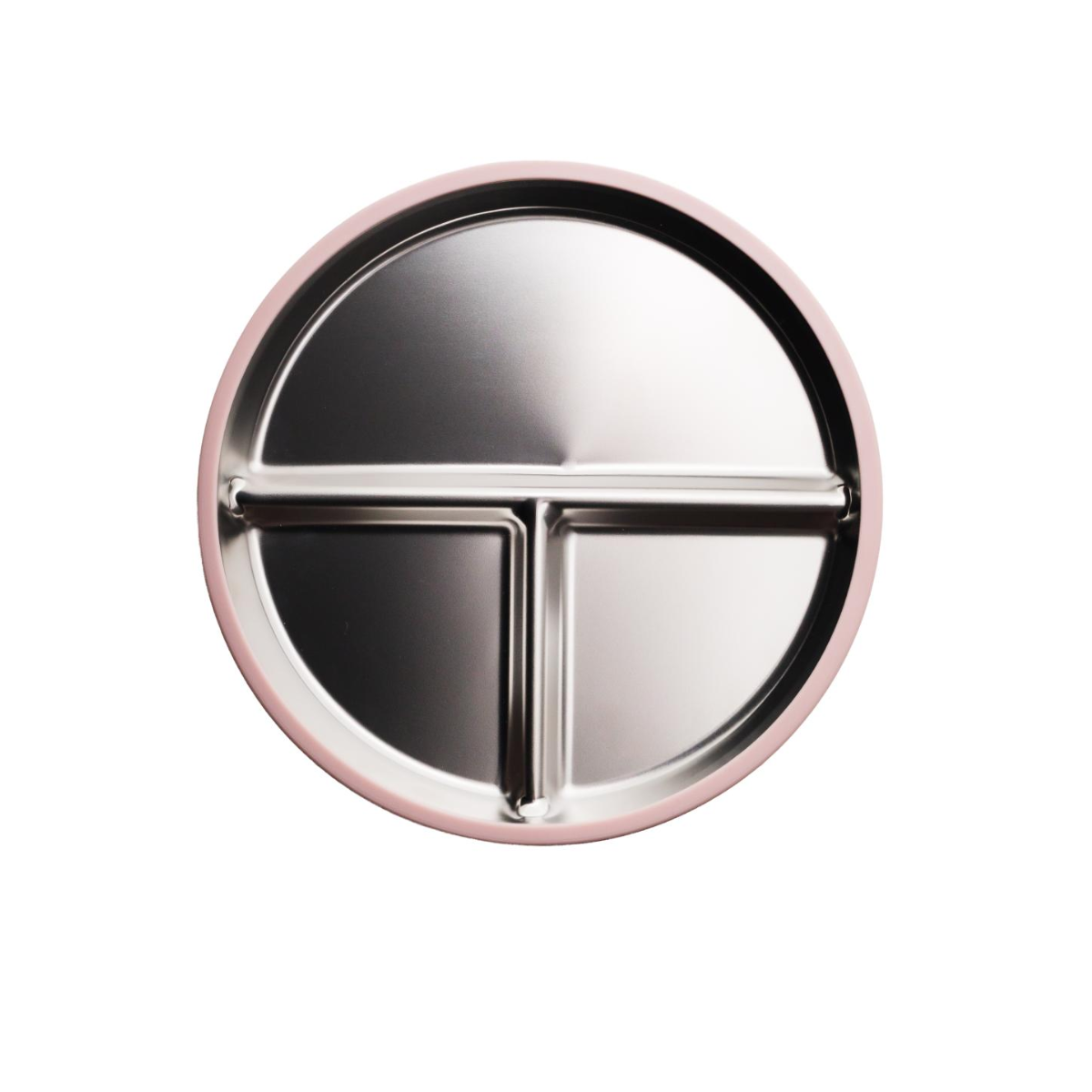 A round stainless steel divided plate with a pink rim, shown from a top-down view on a solid white background.