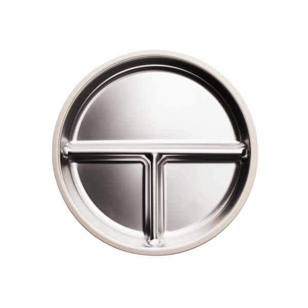 A stainless steel divided plate with suction bottom and colourul silicon exterior