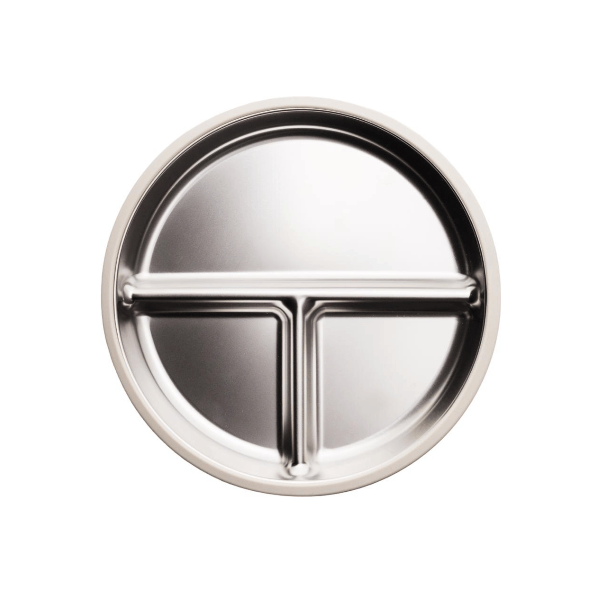 A stainless steel divided plate with suction bottom and colourul silicon exterior