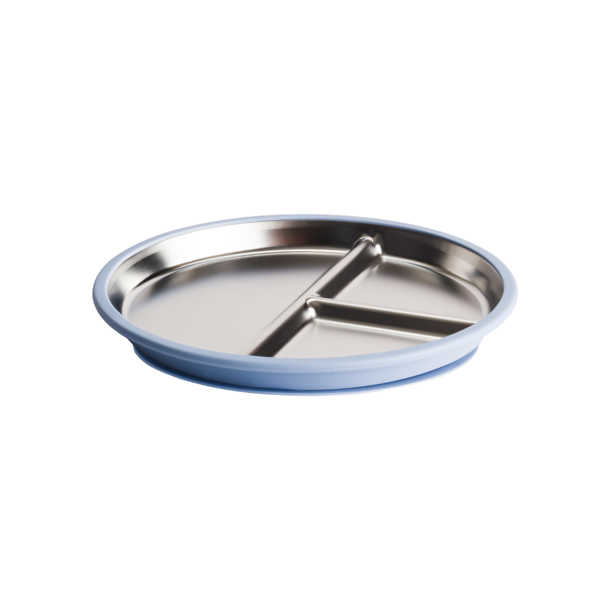 A round stainless steel divided baby plate with a light blue silicone suction base, shown on a solid white background.