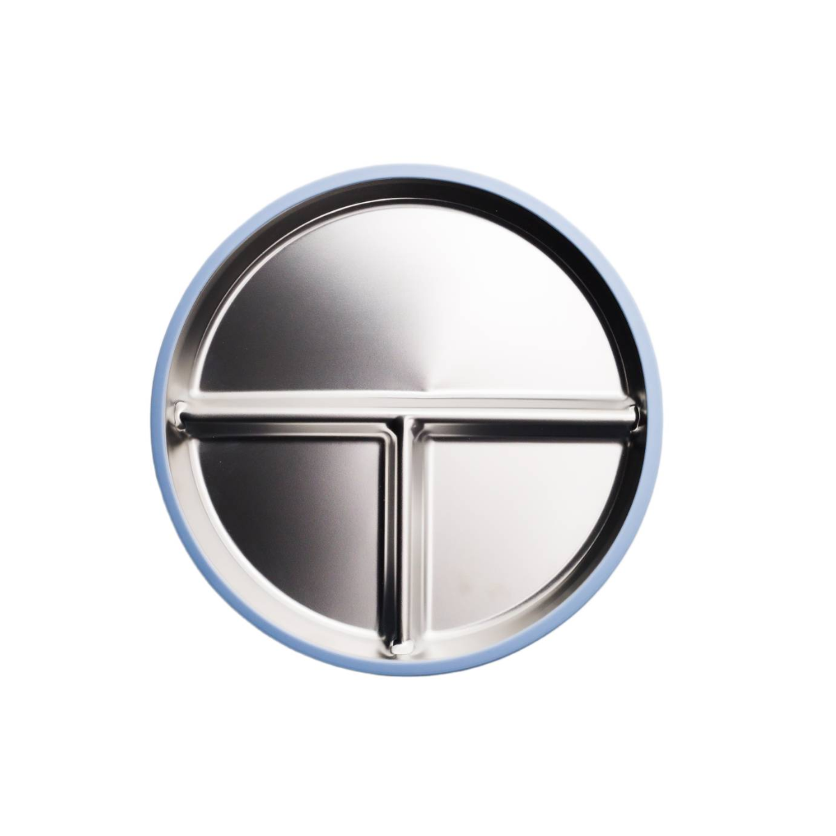 A round stainless steel divided plate with three compartments and a light blue outer rim, shown from a top-down view on a white background.