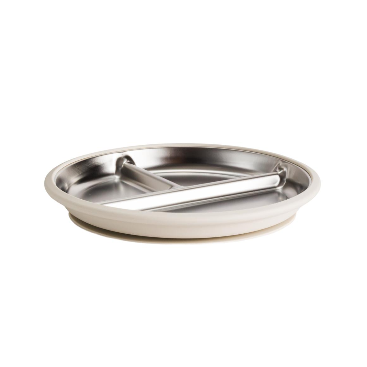 A stainless steel divided plate with a beige silicone or rubber outer rim, shown on a plain white background.