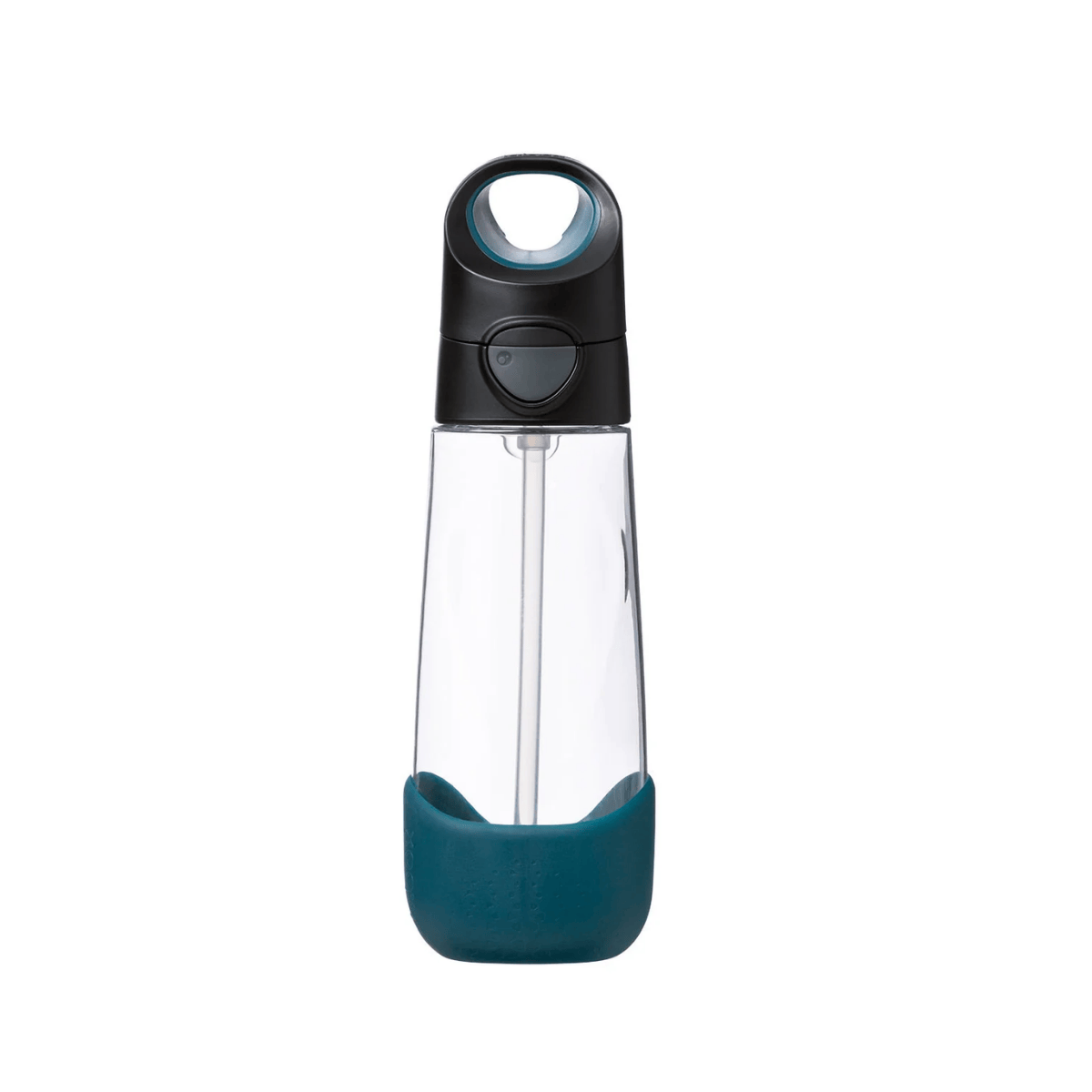 Clear bottle with black cap and teal base on a white background