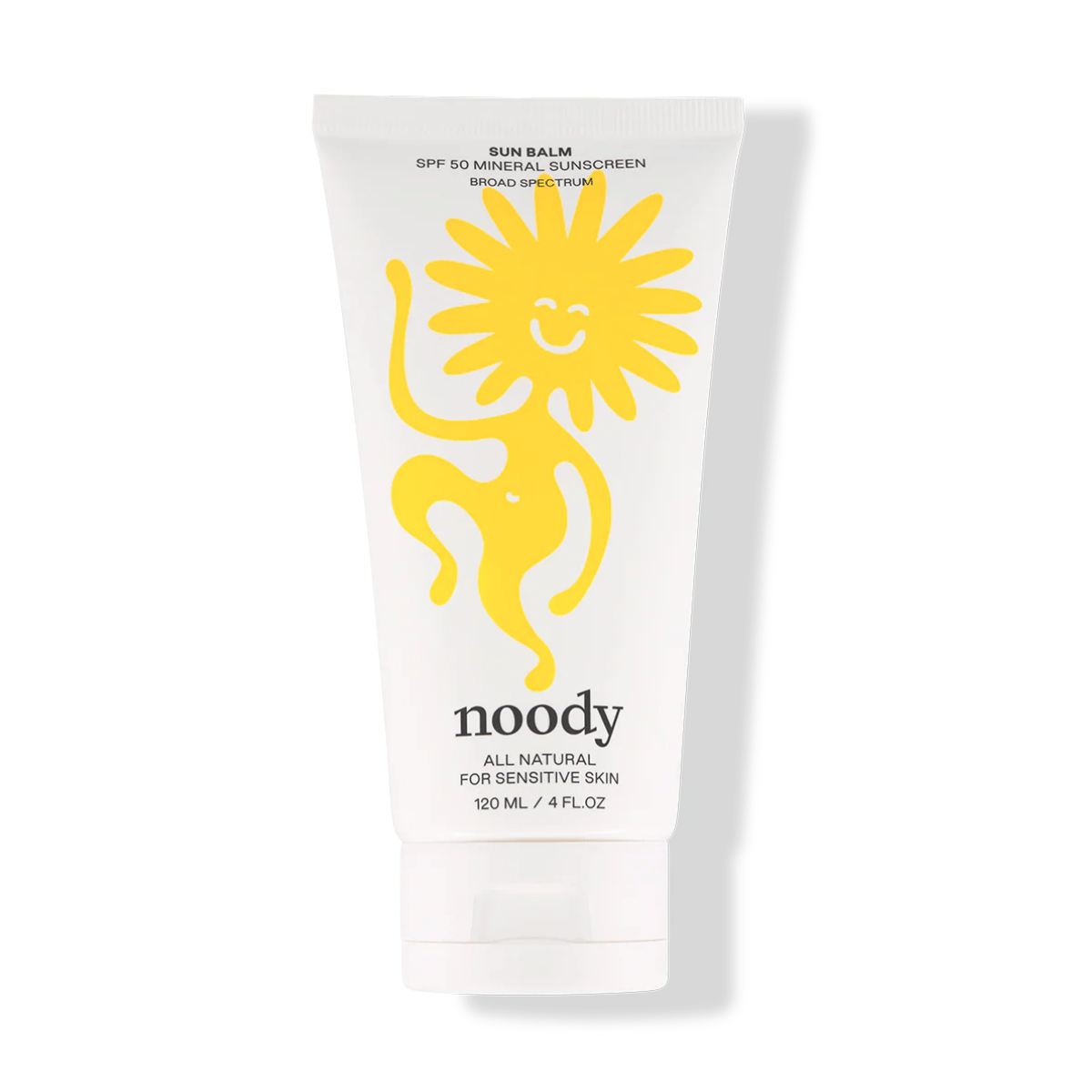 Sunscreen tube with a sun design and 'noody' branding on a white background