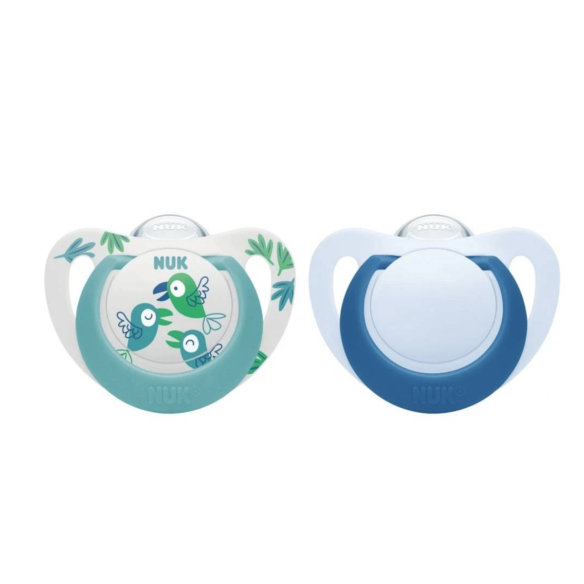 Two baby pacifiers, one with a green bird design and the other plain blue, on a white background.
