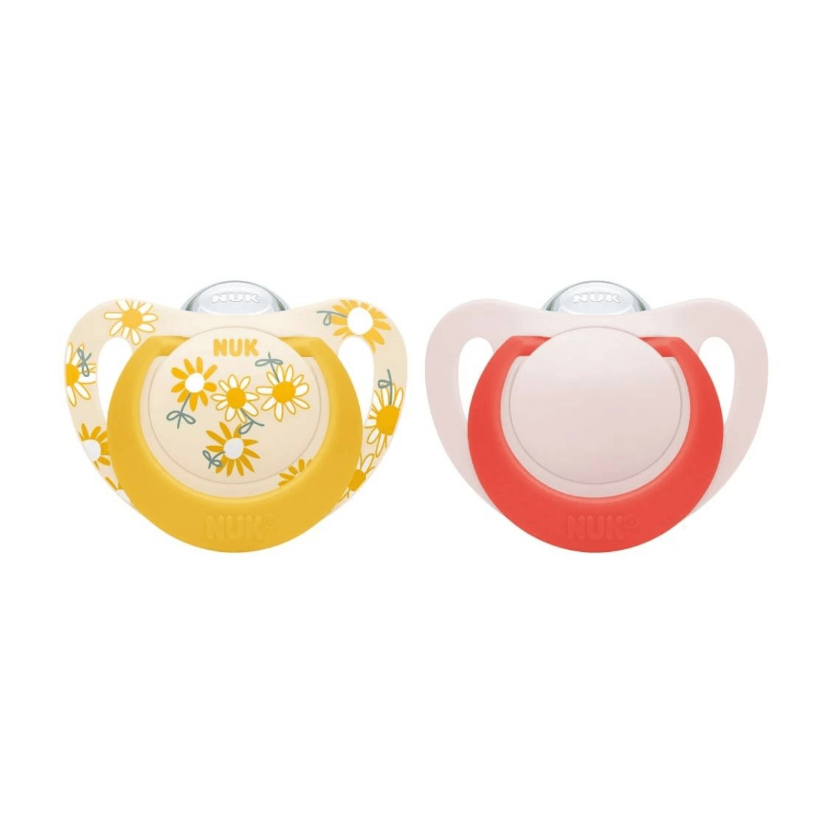 Two baby pacifiers, one yellow with floral design and one red, on a white background.