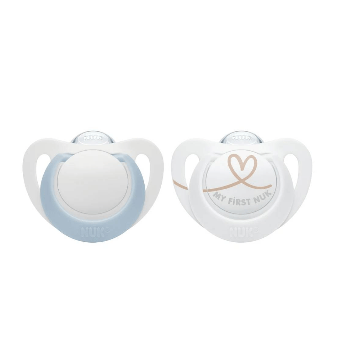 Two baby pacifiers, one blue and one white with 'My First Nuk' text, on a white background.