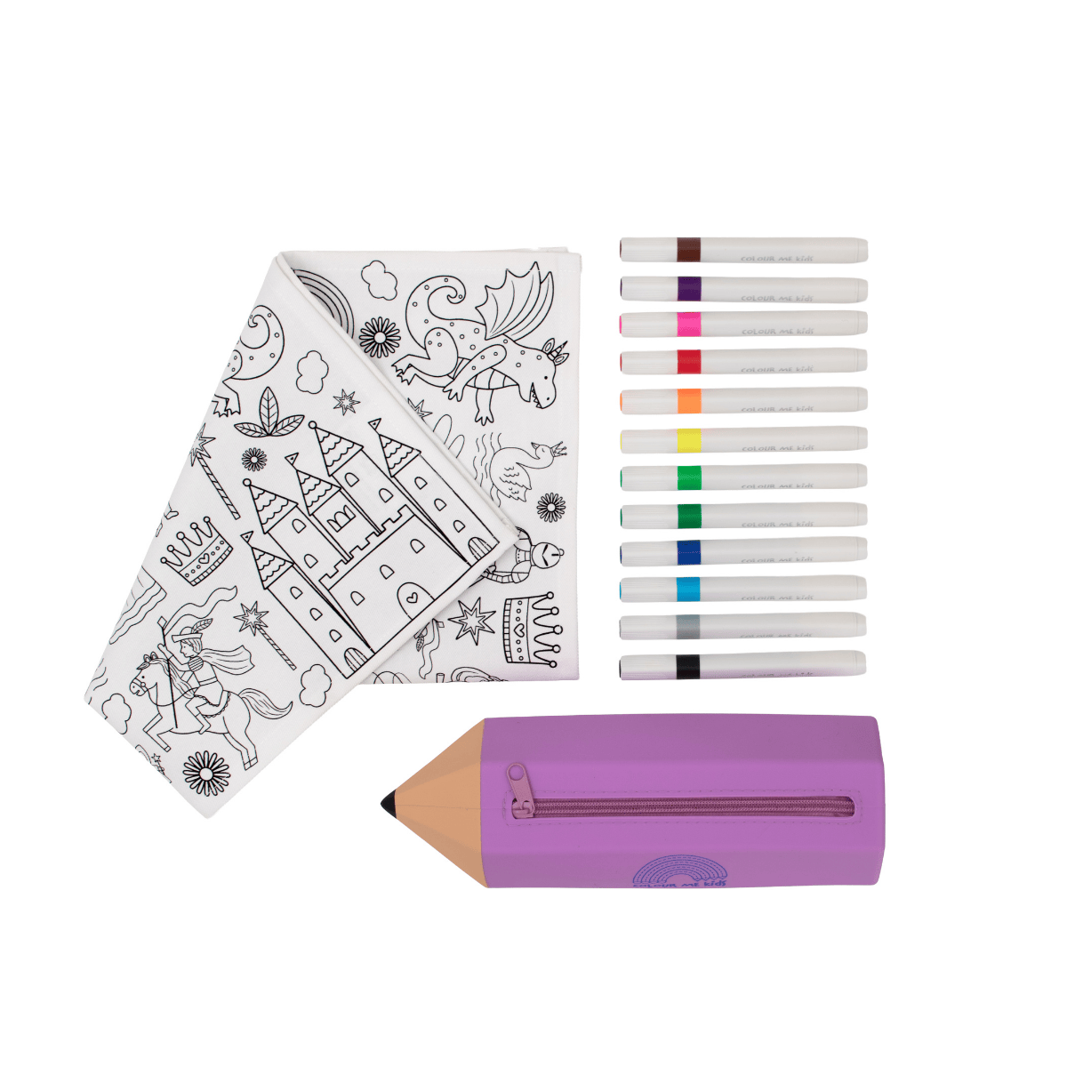 Coloring mat with a purple pencil case and markers on a white background