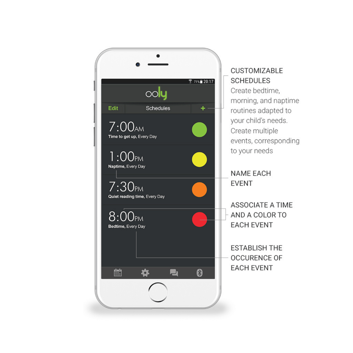 The Ooly Sleep Training Clock uses an intuitive app, allowing you to change colours of the nightlight and scheduled wake up times at a push of a button. 