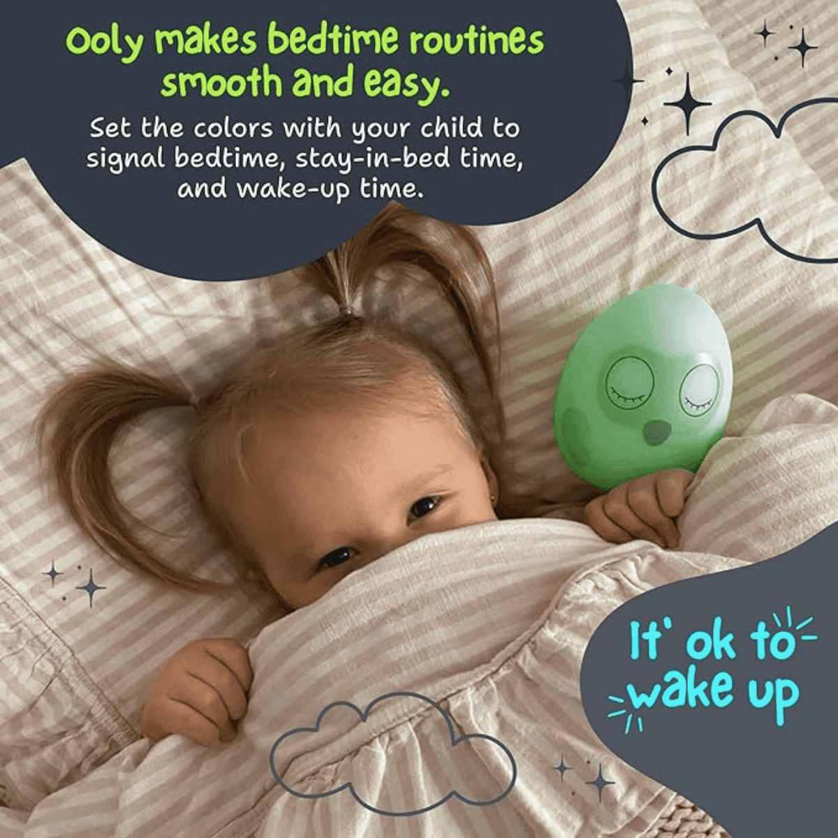 The Ooly Sleep Training Clock uses an intuitive app, allowing you to change colours of the nightlight and scheduled wake up times at a push of a button. 