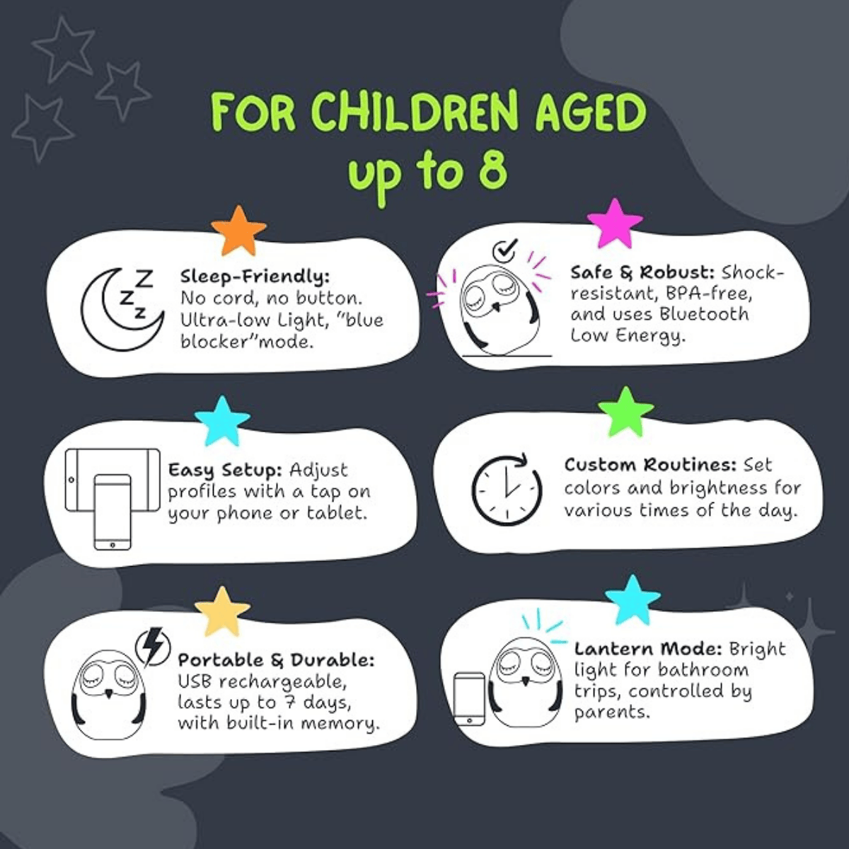 The Ooly Sleep Training Clock uses an intuitive app, allowing you to change colours of the nightlight and scheduled wake up times at a push of a button. 