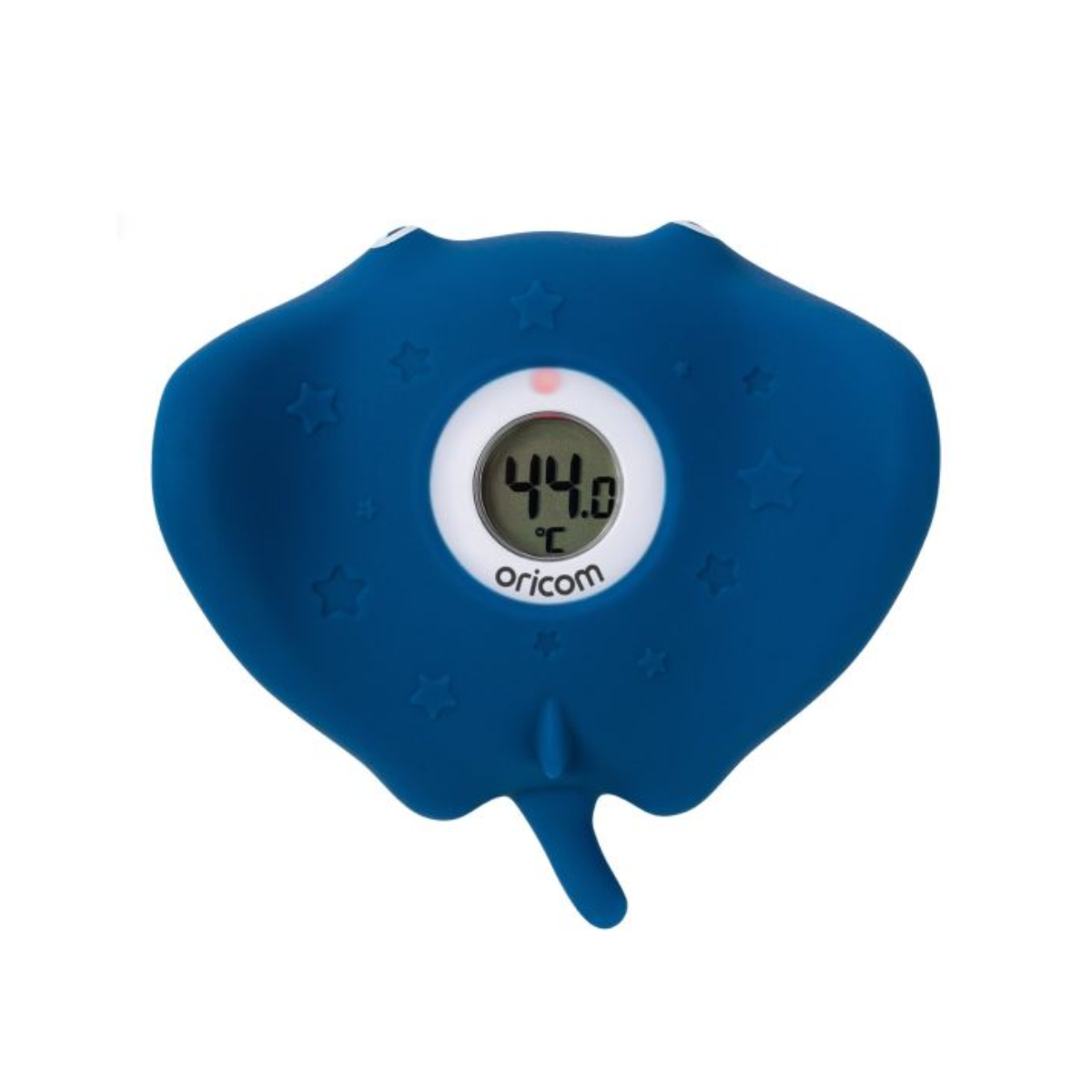 Blue digital thermometer with digital display on a white background