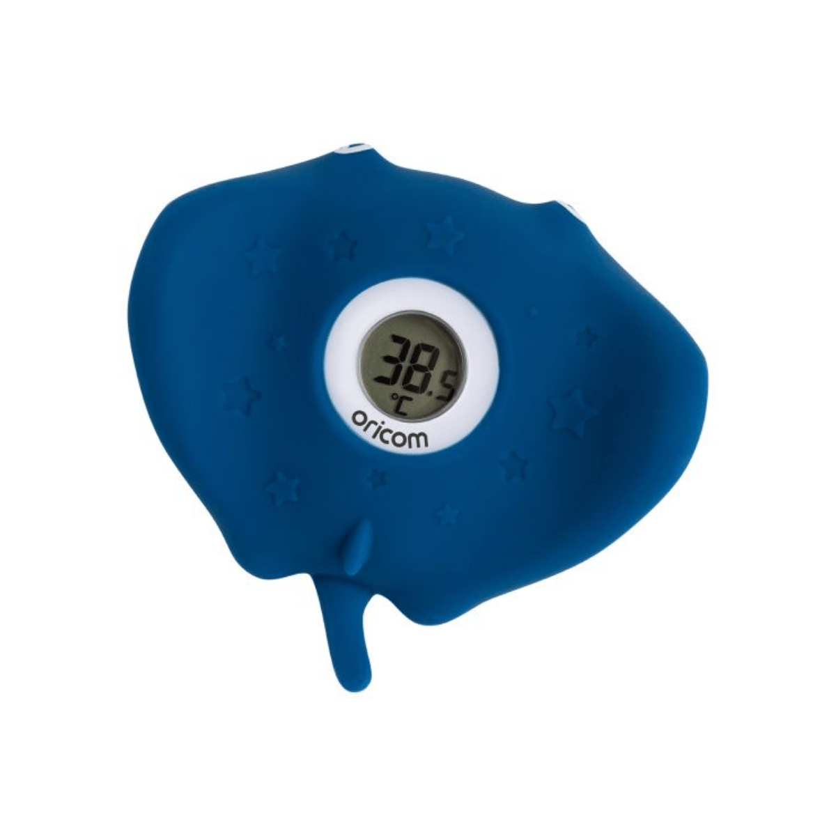 Blue digital thermometer with a white display on a white background