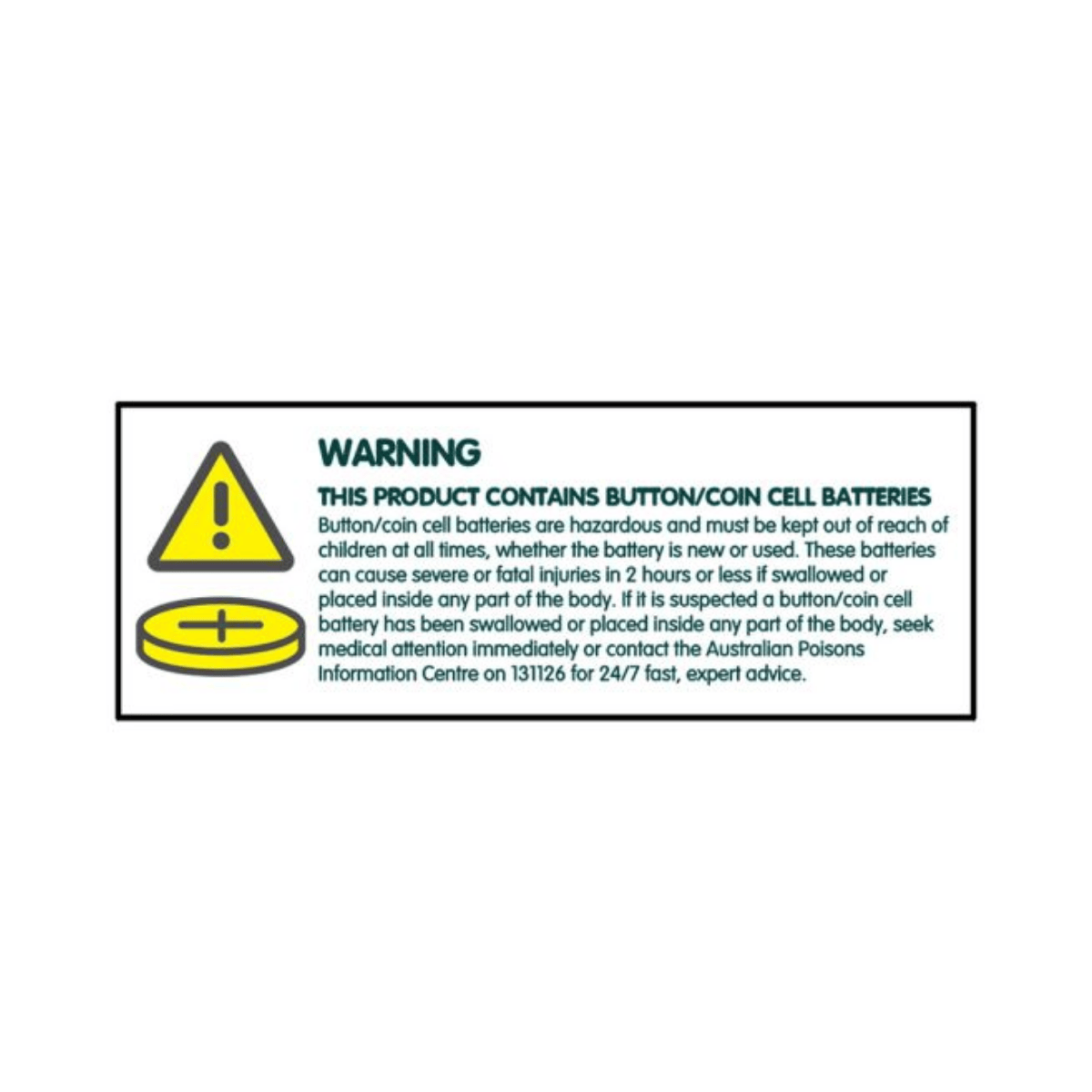 Warning label for button/coin cell batteries on a white background