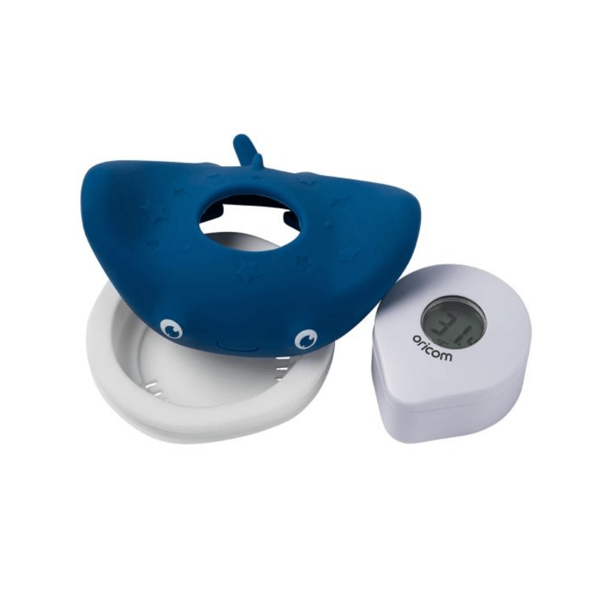 Blue ray-shaped thermeter toy with water droplets on a white background