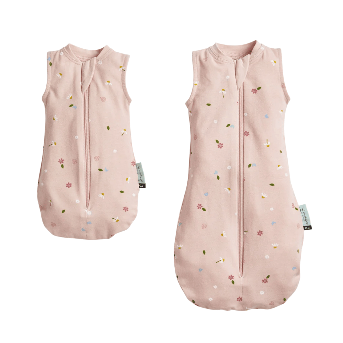 Two pink dolls baby sleeping bags with floral patterns on a white background