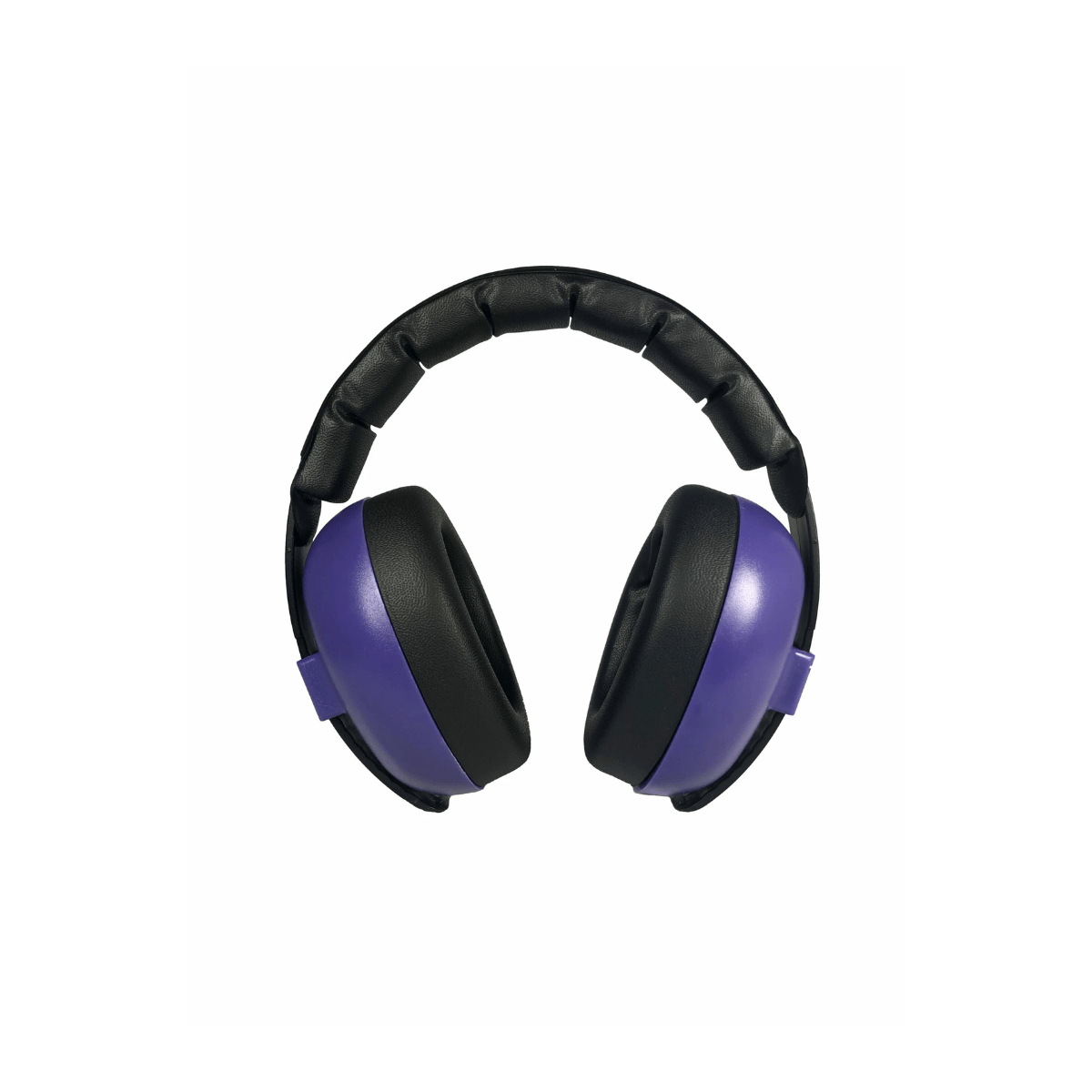 Black and purple ear protection headphones on a white background