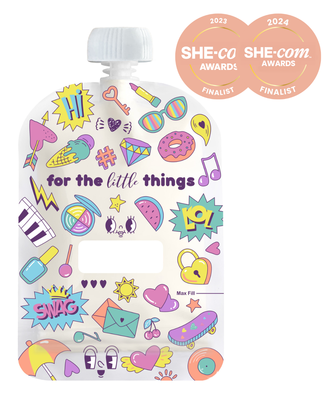 Colorful snack pouch with various icons and text on a white background