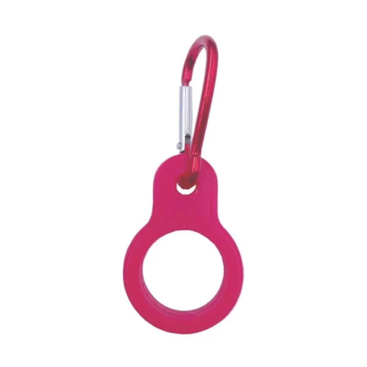 Red carabiner with a clear plastic loop on a white background