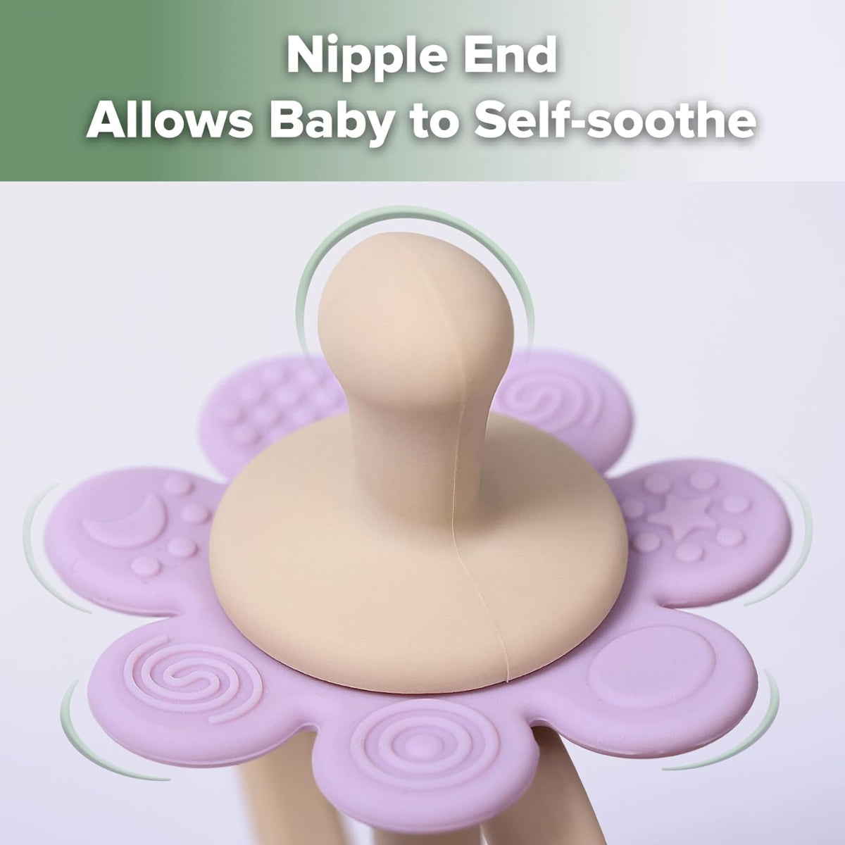 Baby teething ring with a flower design and text indicating it allows babies to self-soothe.