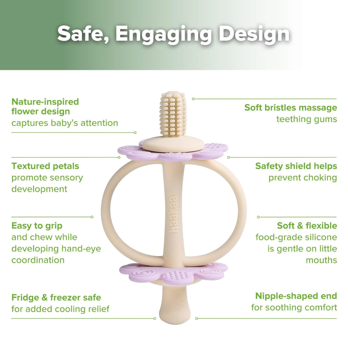 Baby teething ring with text highlighting its features on a white background