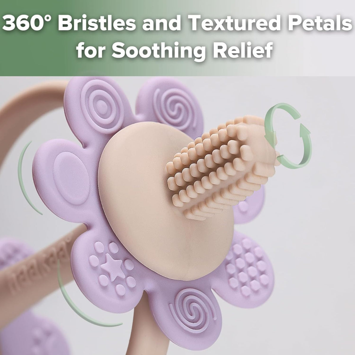 Flower-shaped bath brush with textured petals and bristles on a light background