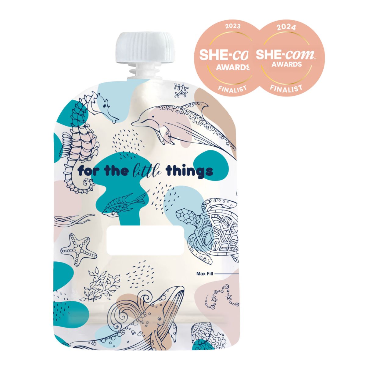 Product packaging with sea-themed design and awards on a white background