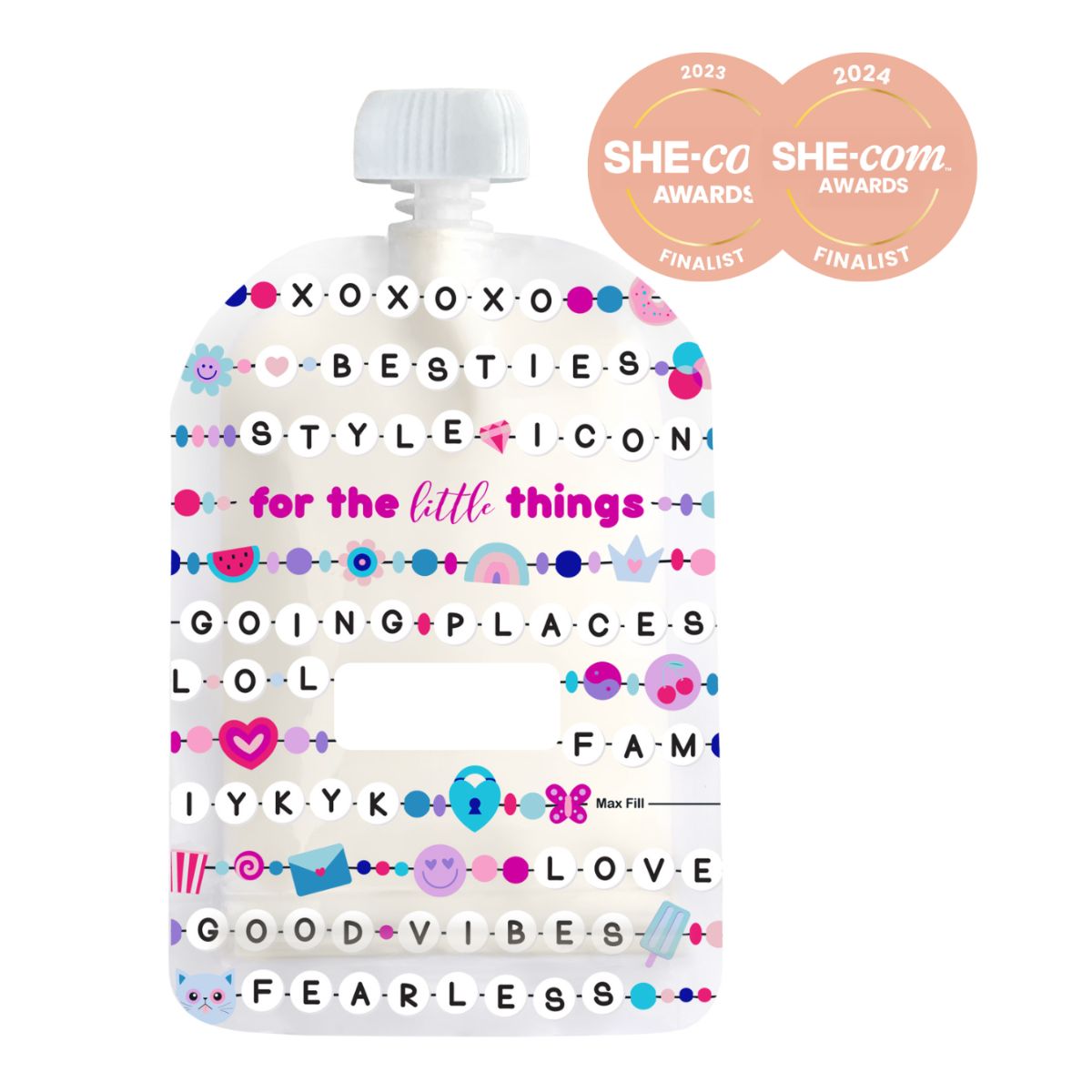 White pouch with colorful text and graphics on a white background