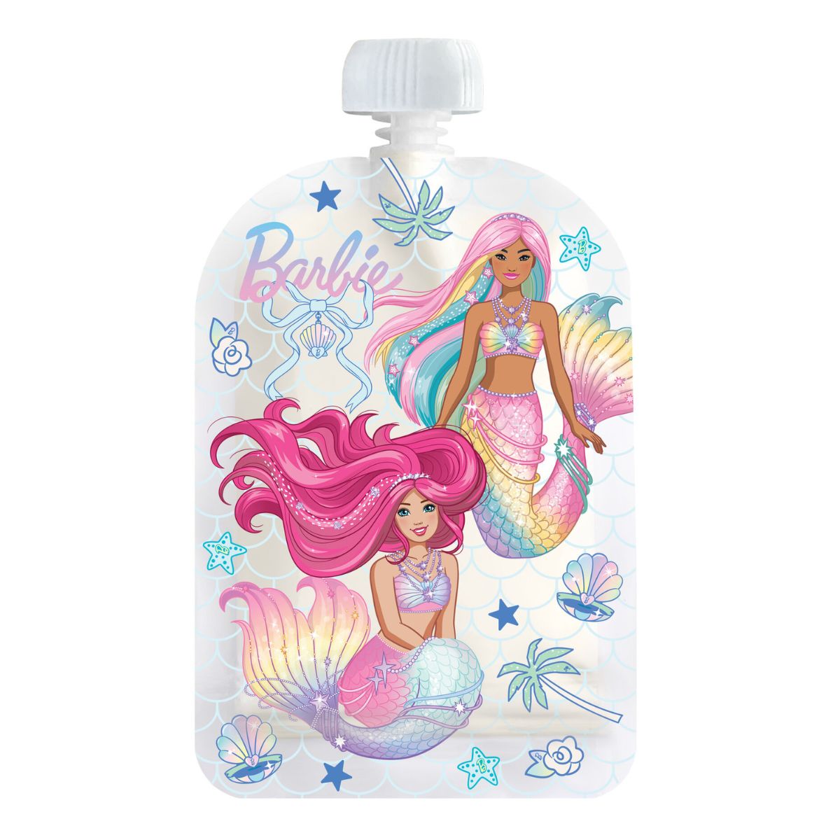 Barbie-themed product packaging with mermaid design on a white background