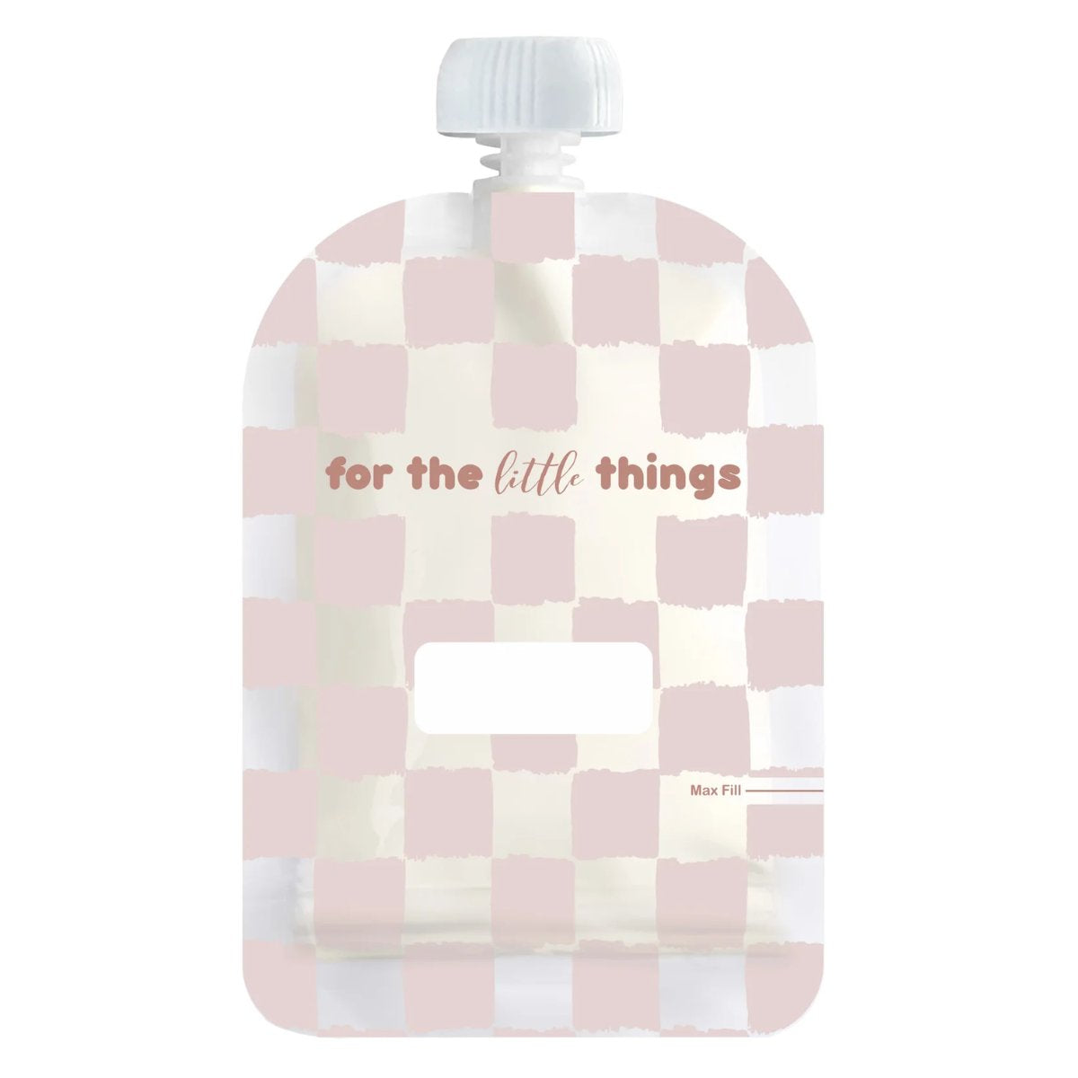 Pink and white checkered pouch with 'for the little things' text on a white background
