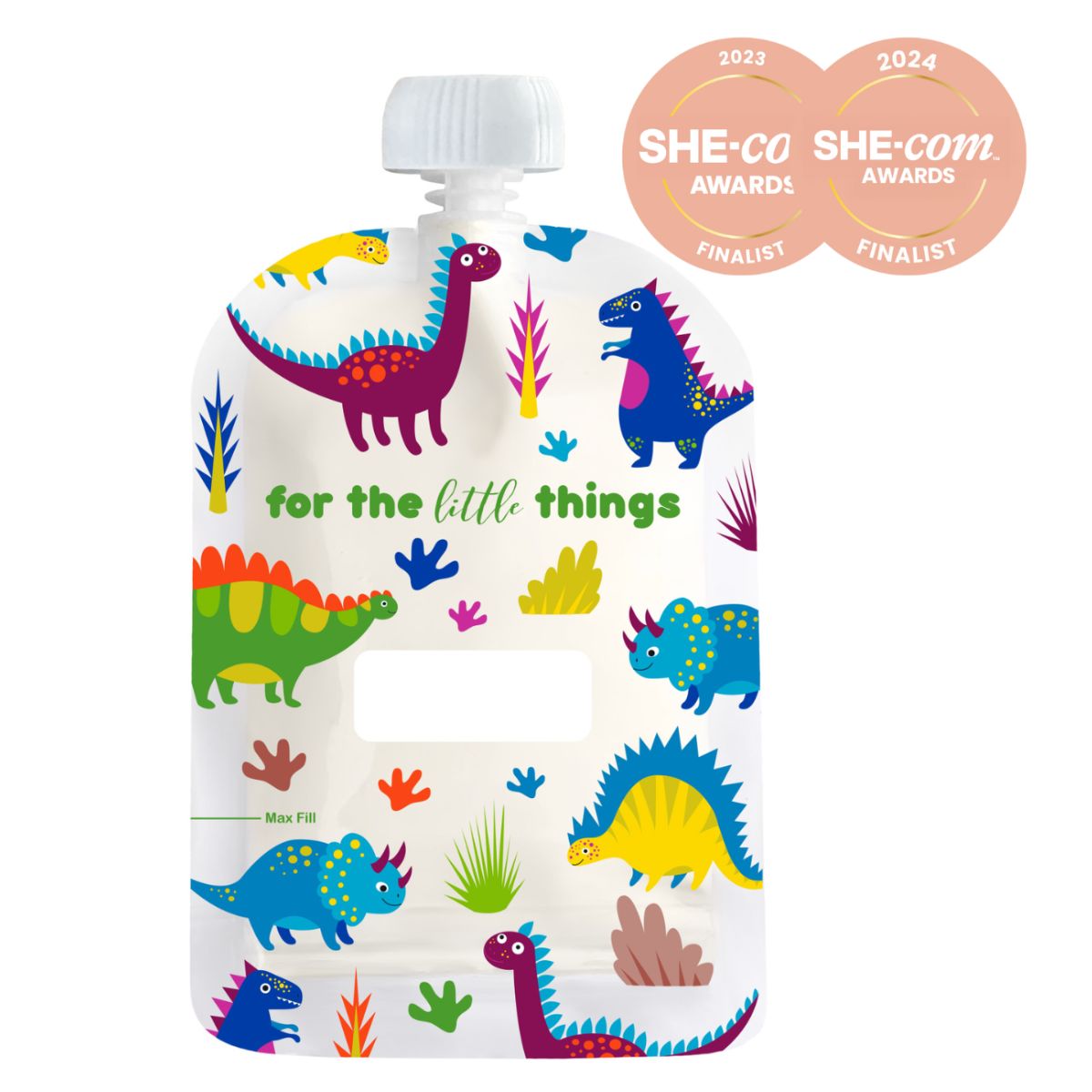 Children's snack pouch with dinosaur illustrations and awards on a white background