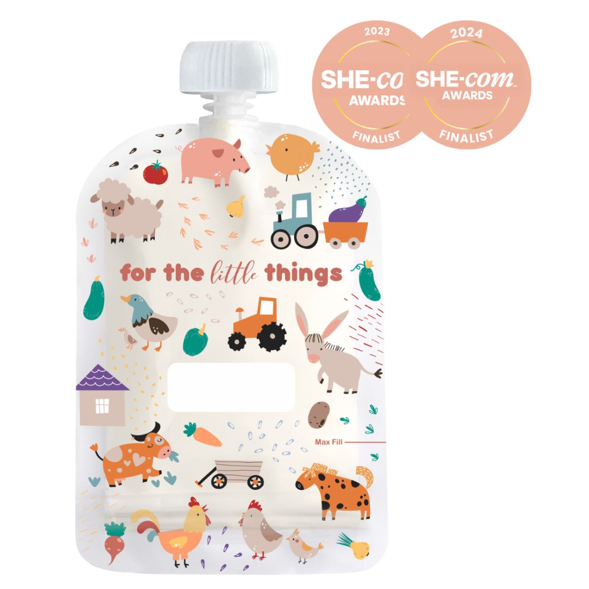 Plastic pouch with farm animal illustrations and 'for the little things' text, featuring awards on a white background.