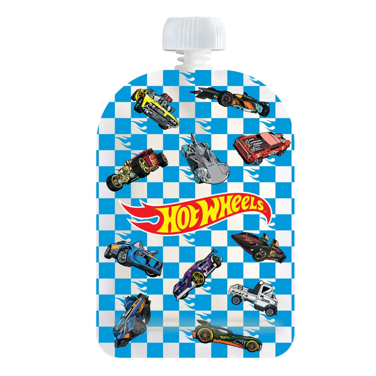 Hot Wheels-themed snack bag with colorful cars on a blue and white checkered background