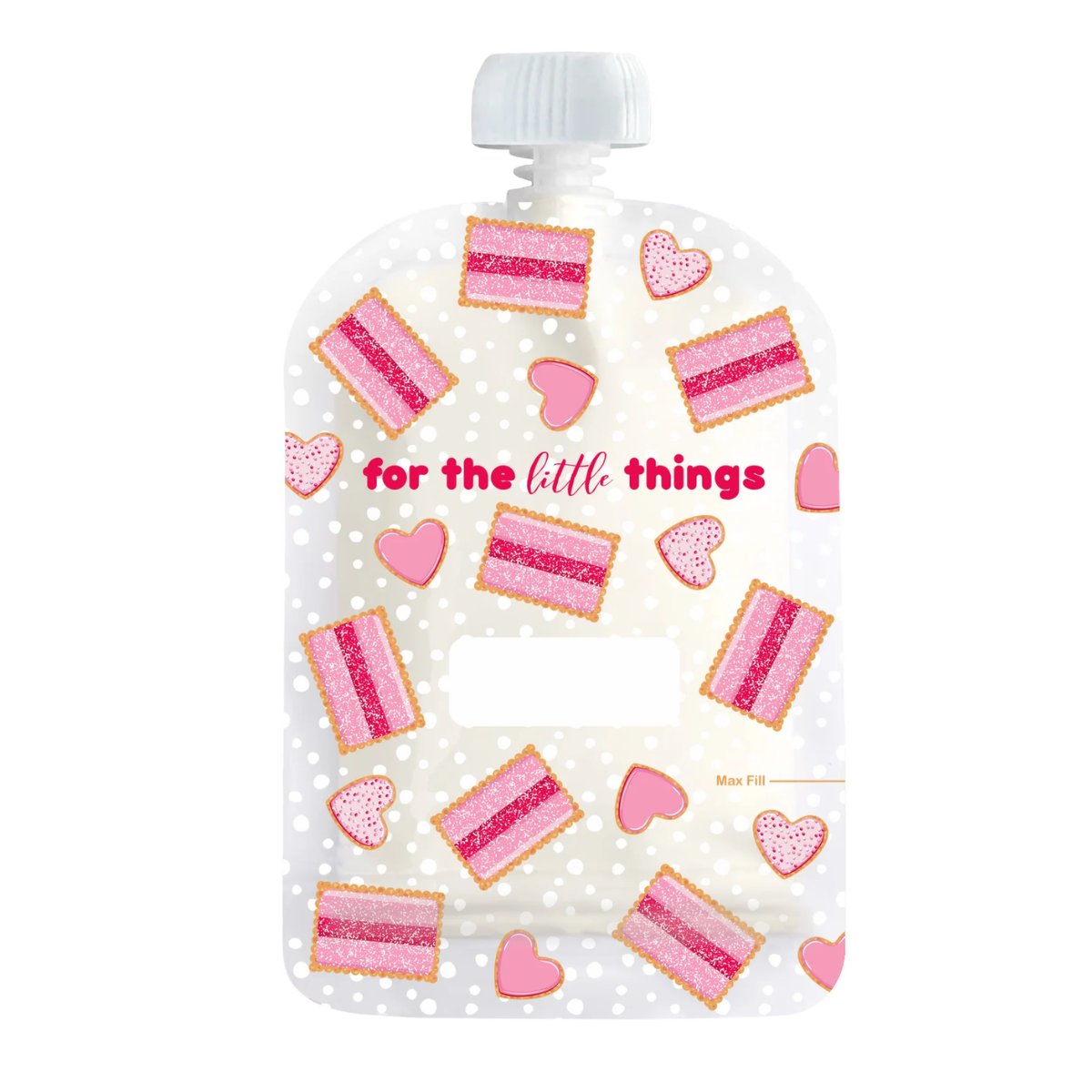 Small pouch with pink and orange designs and text 'for the little things' on a white background