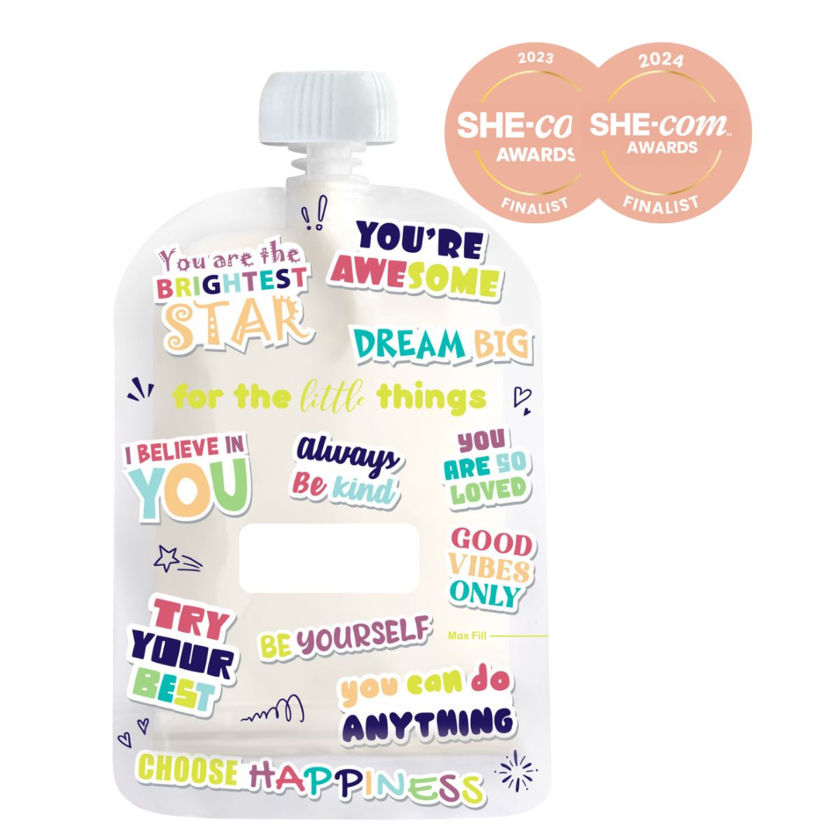 Motivational pouch with colorful text and awards on a white background