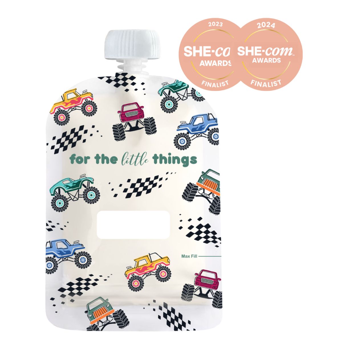 Product packaging with cartoon monster trucks and checkered patterns, featuring awards on a white background.