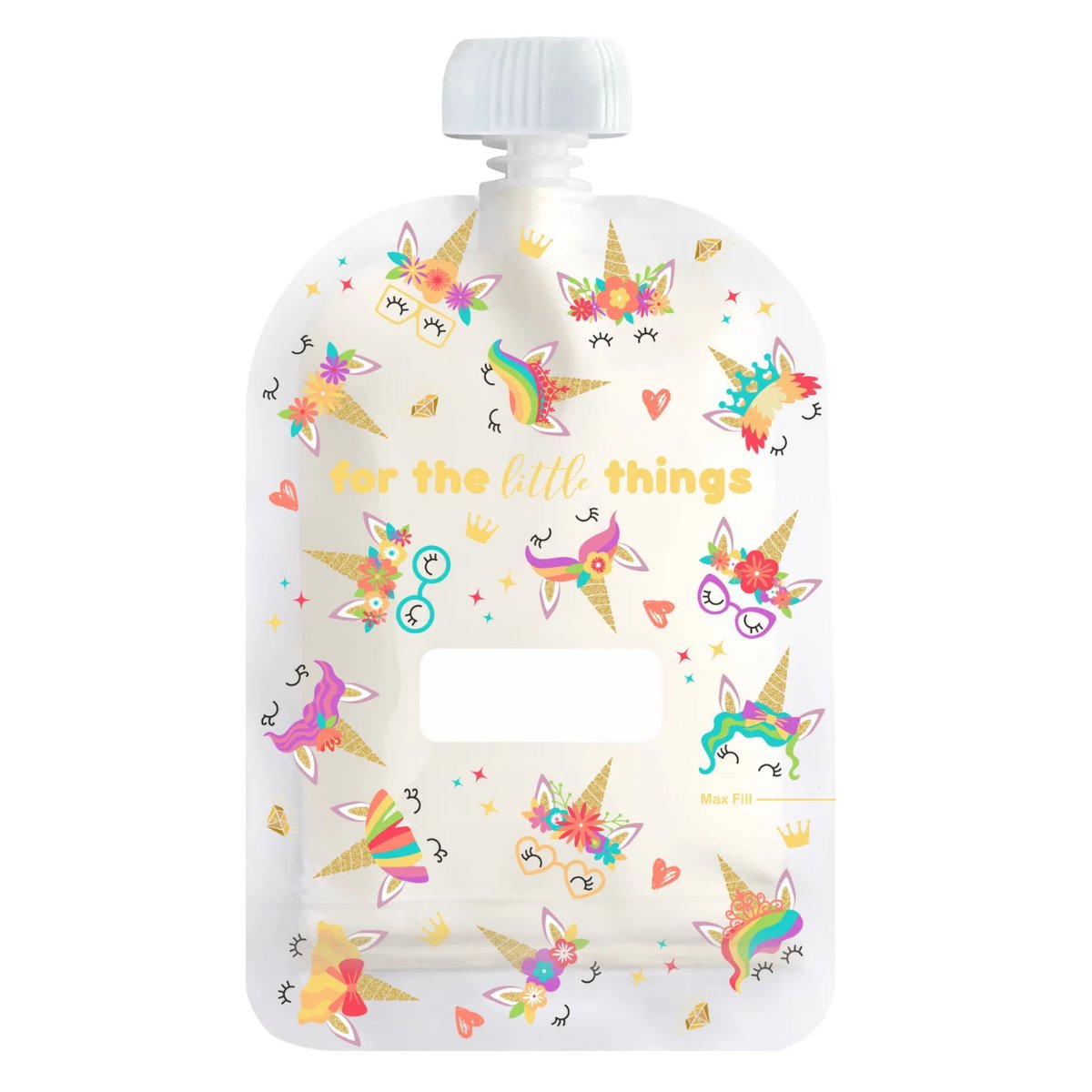 Squeeze pouch with unicorn and rainbow designs on a white background