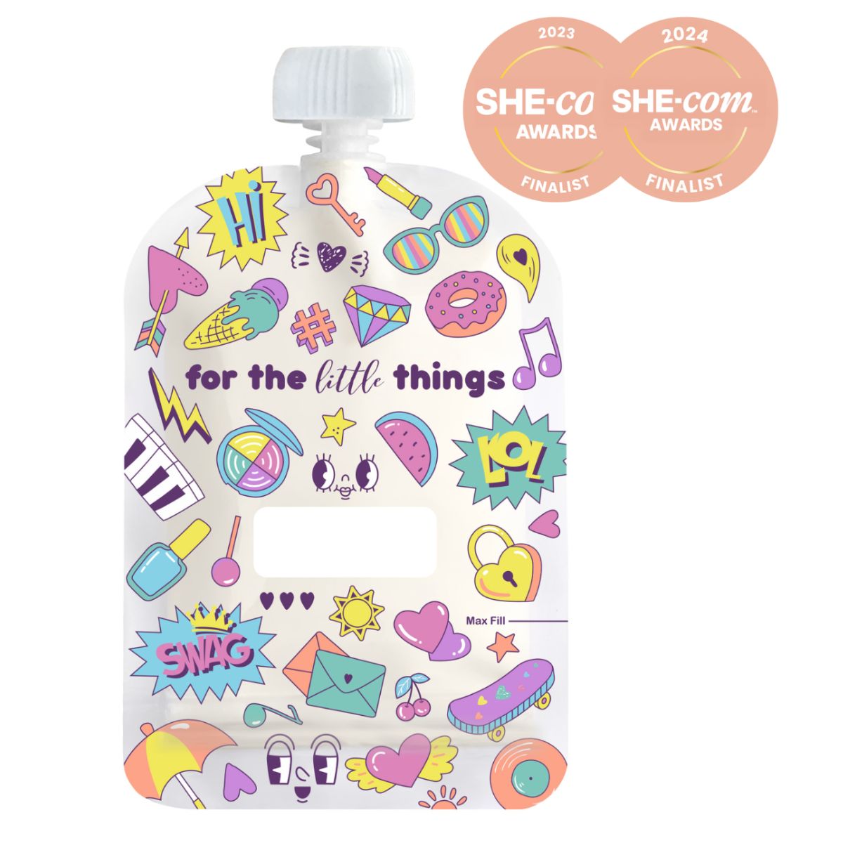 Colorful snack pouch with various illustrations and text, featuring awards on a white background.