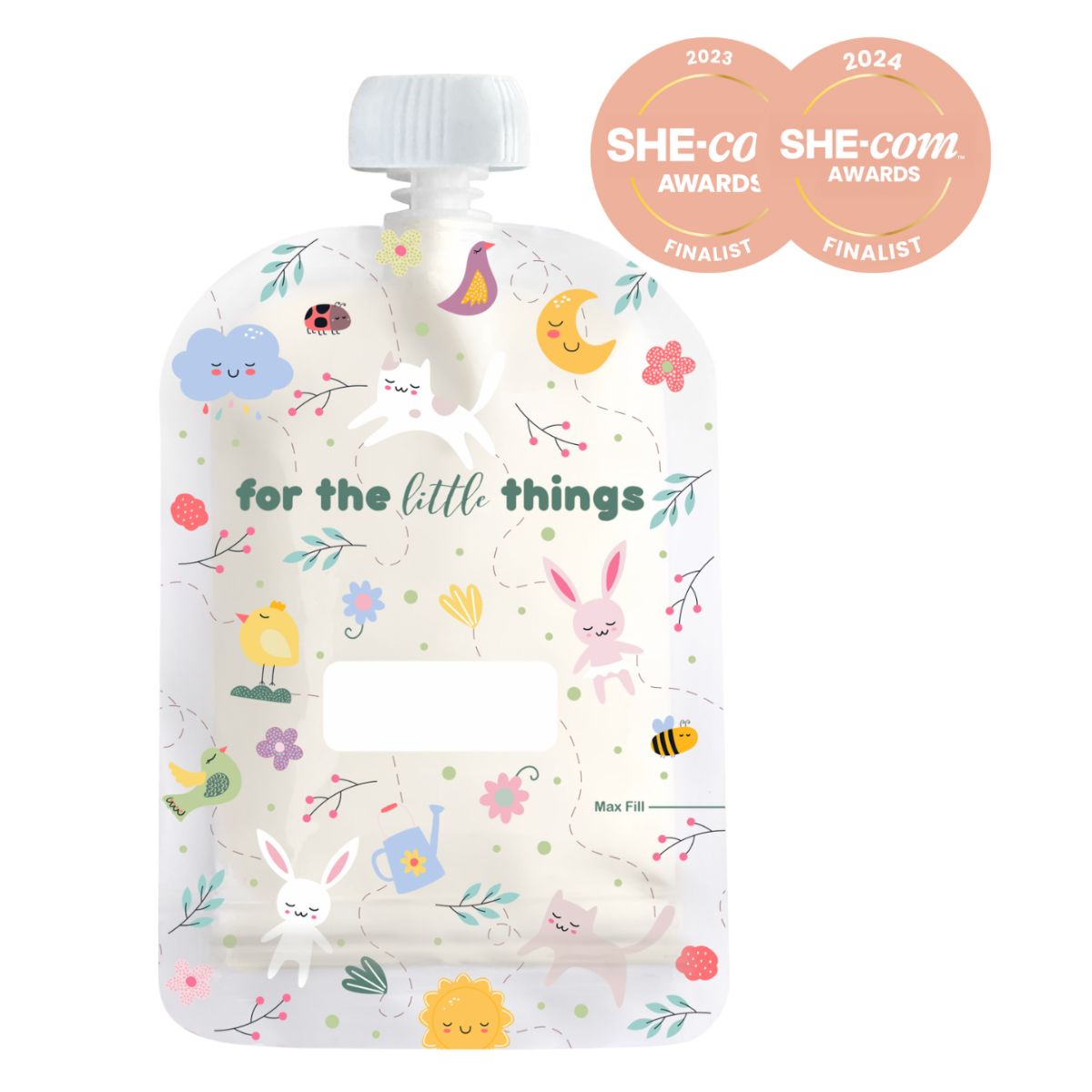 Plastic pouch with cartoon designs and 'for the little things' text, featuring awards on a white background.