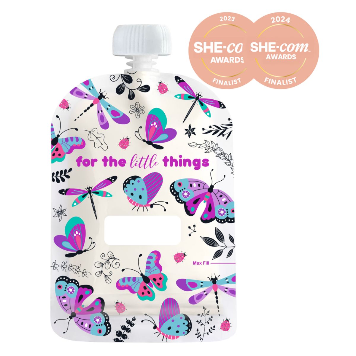 Product packaging with butterfly design and awards on a white background