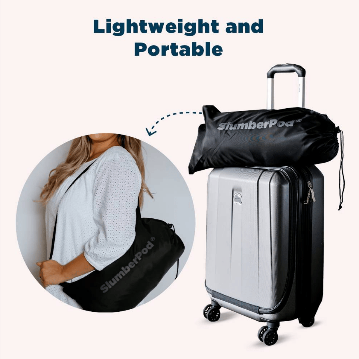 SlumberPod being carried and shown in a travel bag with text 'Lightweight and Portable'.